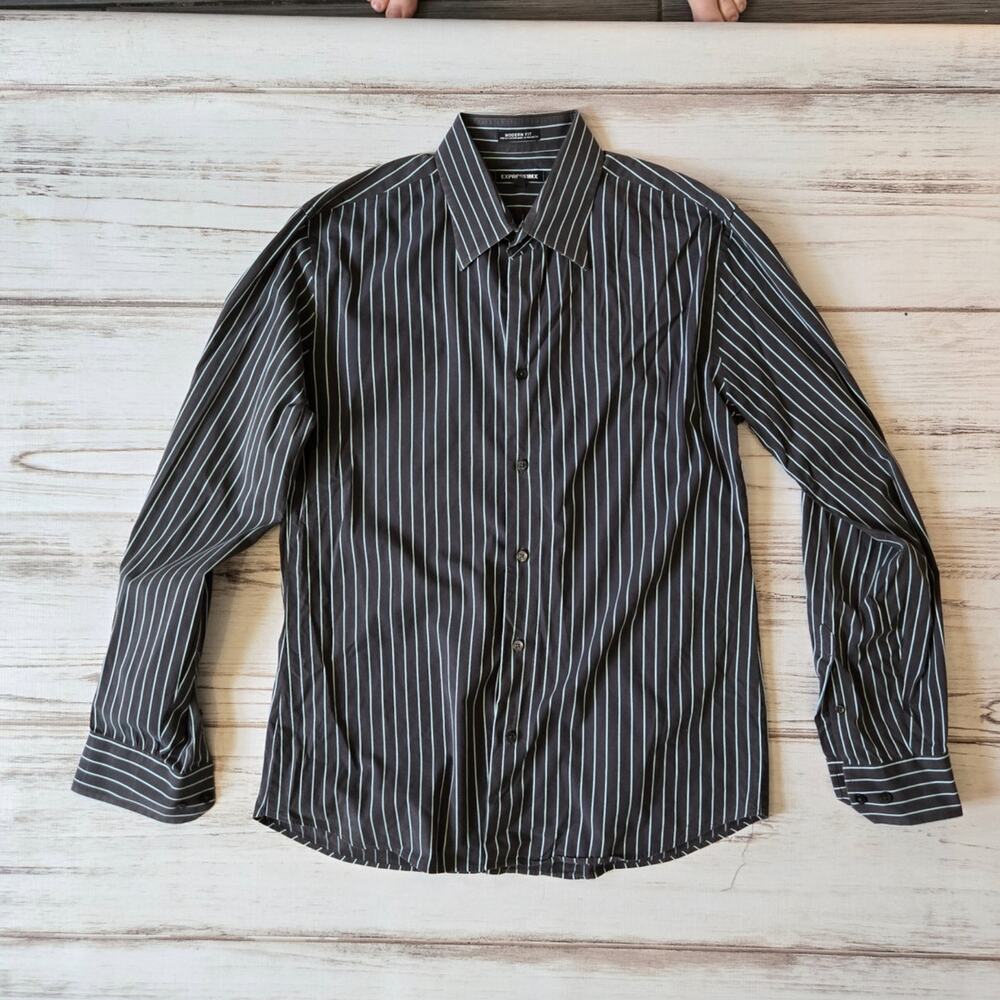 Express 1MX Modern Fit Buttown Down Shirt sz Men's Large Gray Blue Stripe